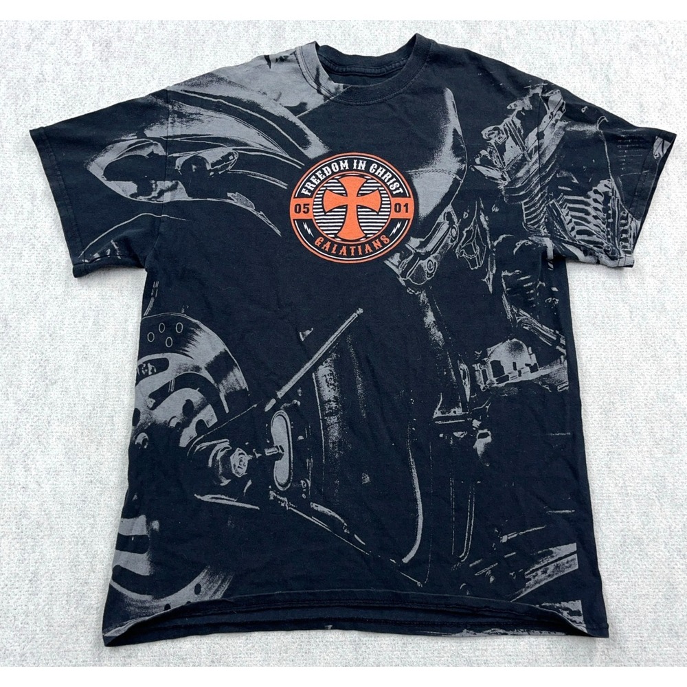 Kerusso Jesus Biker Shirt Men Medium Black Tee All Over AOP Iron Cross Y2K